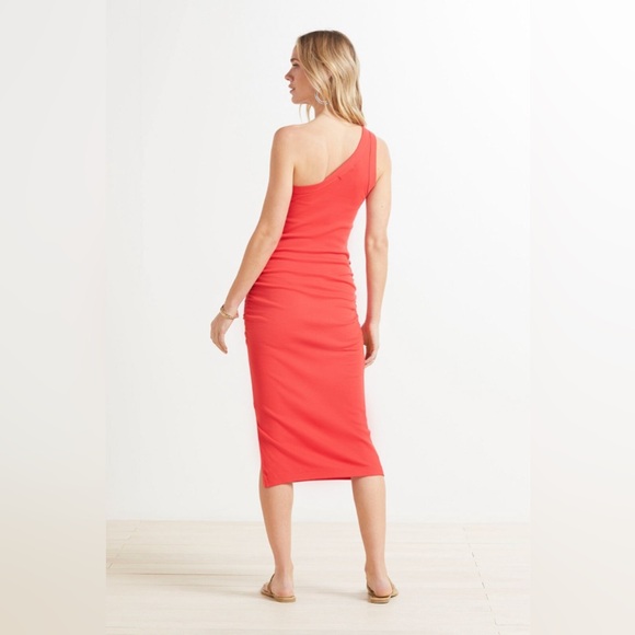 Michael Stars Coco One Shoulder Ultra Ribbed Knit Midi Dress Size M Salsa Red - Picture 7 of 15